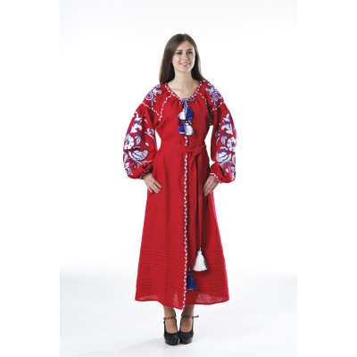 Boho Style Ukrainian Embroidered Dress "Boho Birds" white/blue on red 